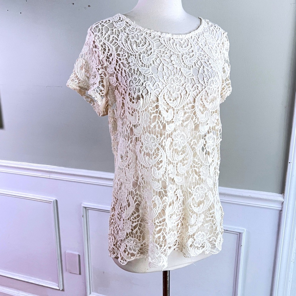 Apt. 9 Crochet Lace Top XL Womens Short Sleeve Cotton Boho Cream Cottagecore